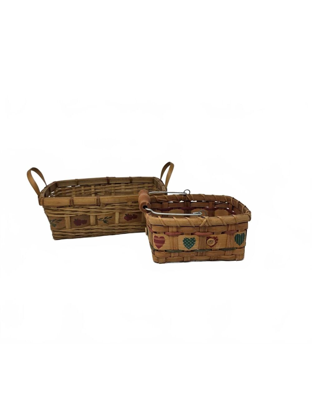 Vintage Woven Basket Pair Fruit Hearts Buttons Rustic Country Decor